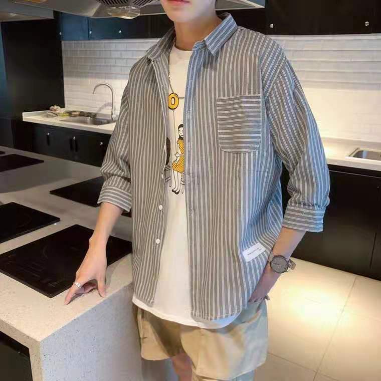 条纹短袖衬衫男...