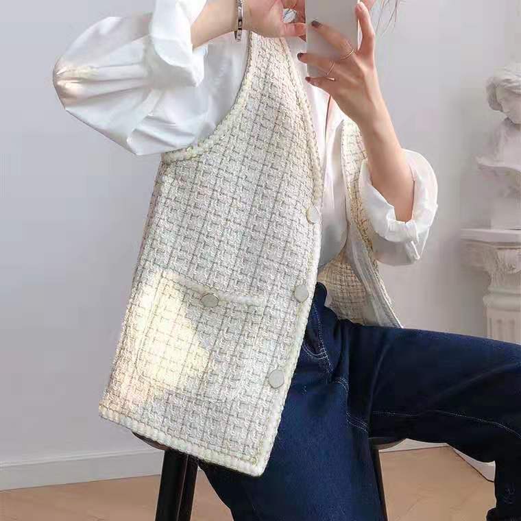 名媛小香风马甲女春秋韩版外穿马夹撞色粗花呢编织格纹无袖小外套